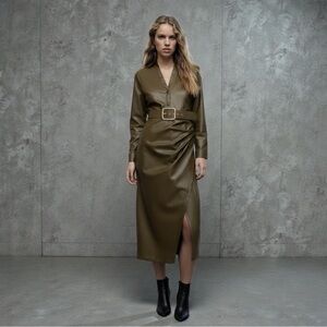 ZARA Olive Green Faux Leather Belted Ruched Long Sleeve Dress | Size Small